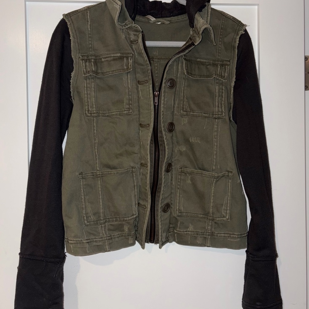 Free People Olive Green Utility Jacket with Black Sleeves
